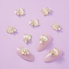 Cat Head Nail Charms 3D Alloy Rhinestones Pearls Nail Art Jewelry