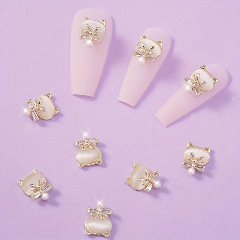 Cat Head Nail Charms 3D Alloy Rhinestones Pearls Nail Art Jewelry
