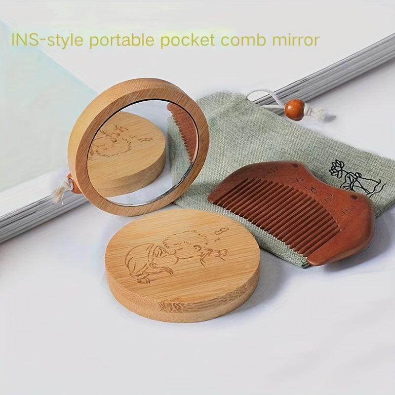 Vintage Wood Mirror Comb Set With Bag Mini Wooden Round Vanity Makeup Mirror