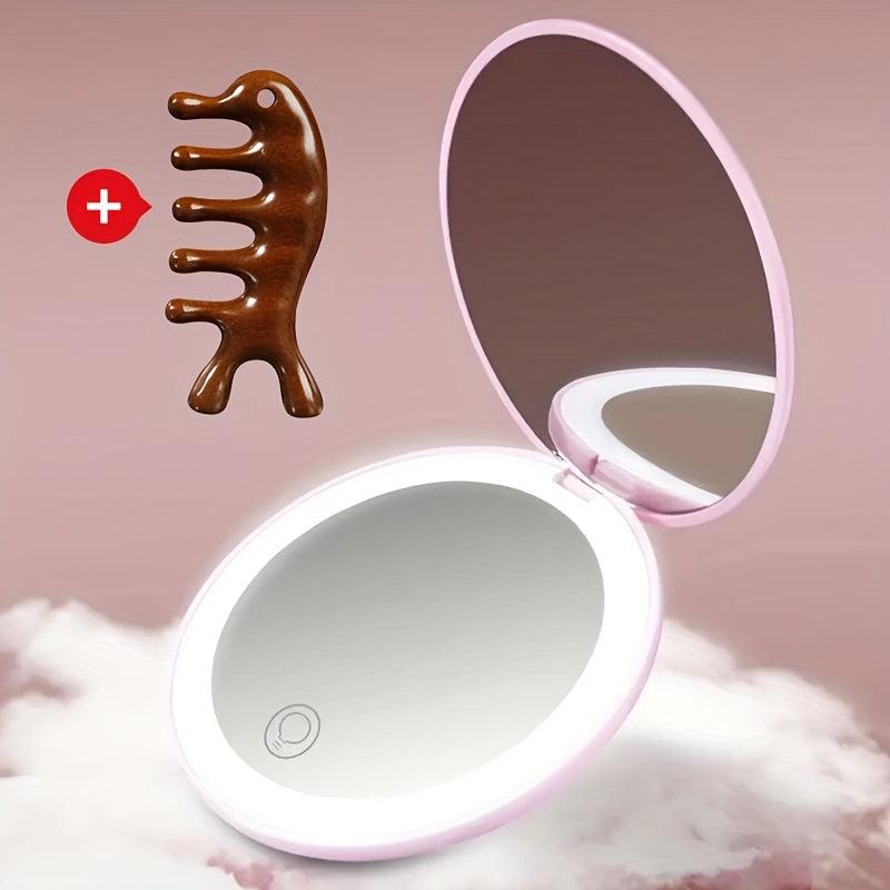 LED Compact Mirror & Wood Comb Set, 2X Magnification, Wooden Massage Comb Kit