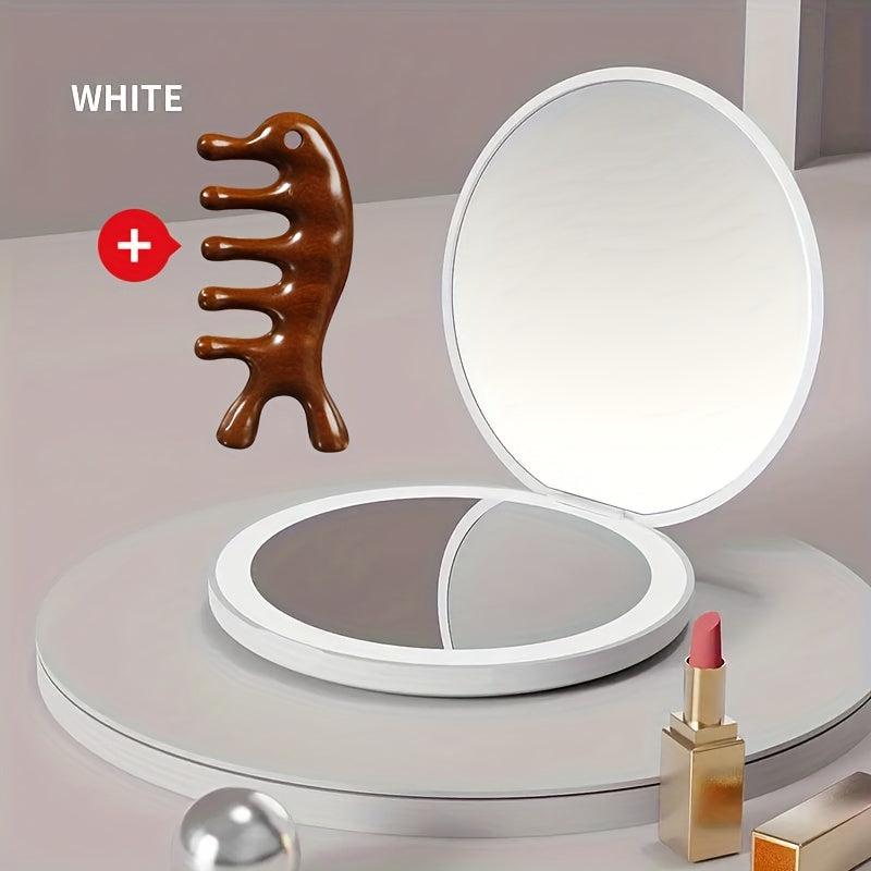 LED Compact Mirror & Wood Comb Set, 2X Magnification, Wooden Massage Comb Kit