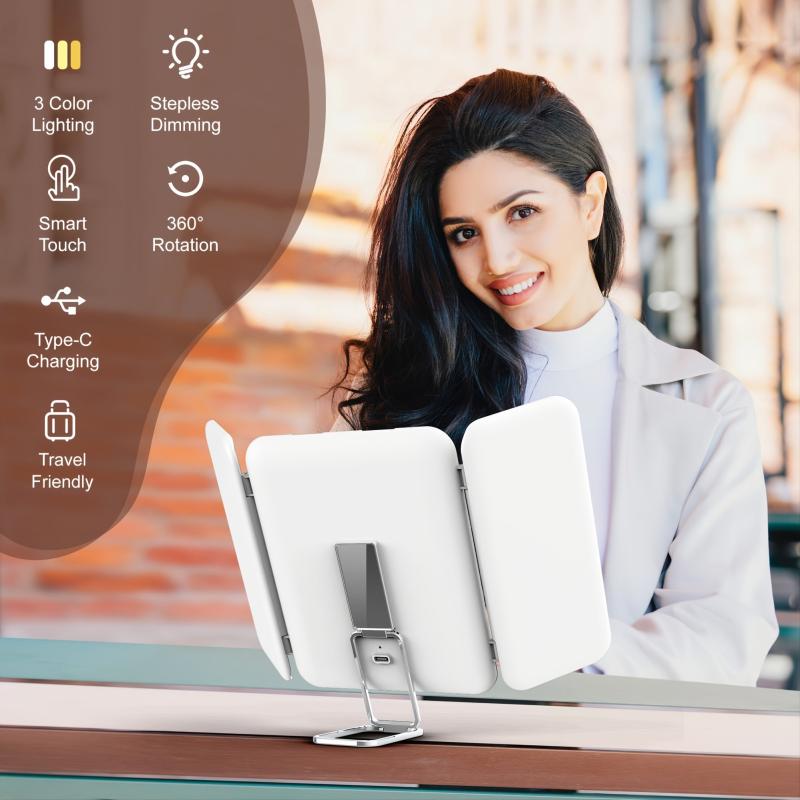 Tri Fold Makeup Mirror Vanity Mirror with 3 LED Lights X1 X3 X7 Magnification