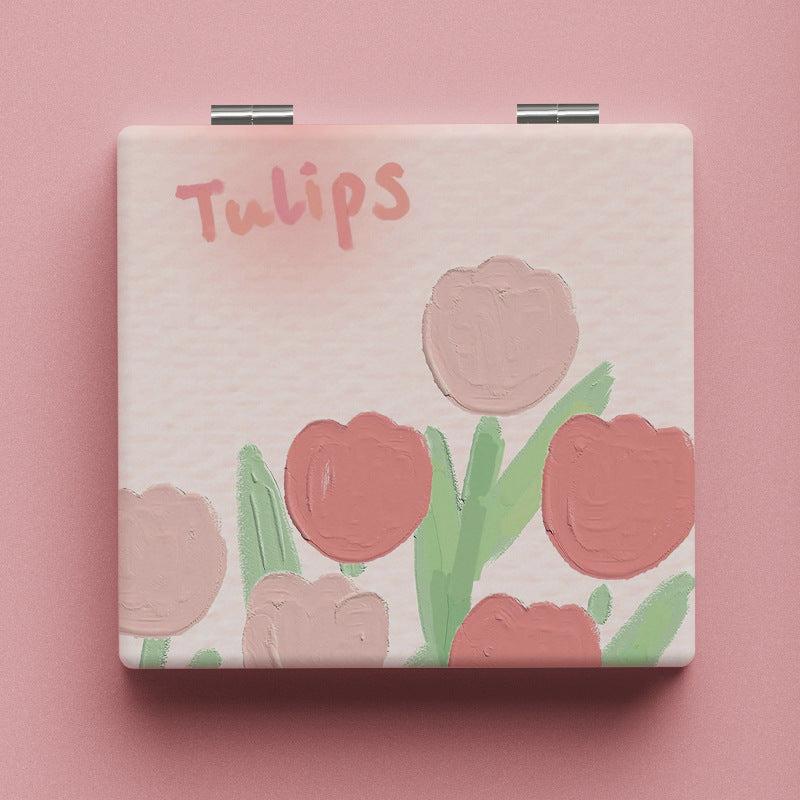 Tulip Pattern Vanity Mirror Double Sided Foldable Mini Makeup Vanity Mirror