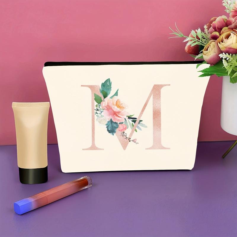 Floral Initial Makeup Bag Zipper Cosmetic Pouch Monogrammed Gift