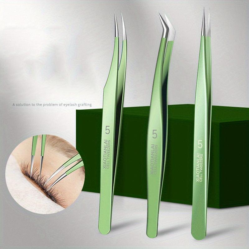 3pcs Pro Eyelash Extension Tweezers Set in Metal Case - Curved & Volume Lashes