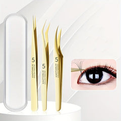 3 Pcs Eyelash Tweezers Set High Precision Golden Feather Clip