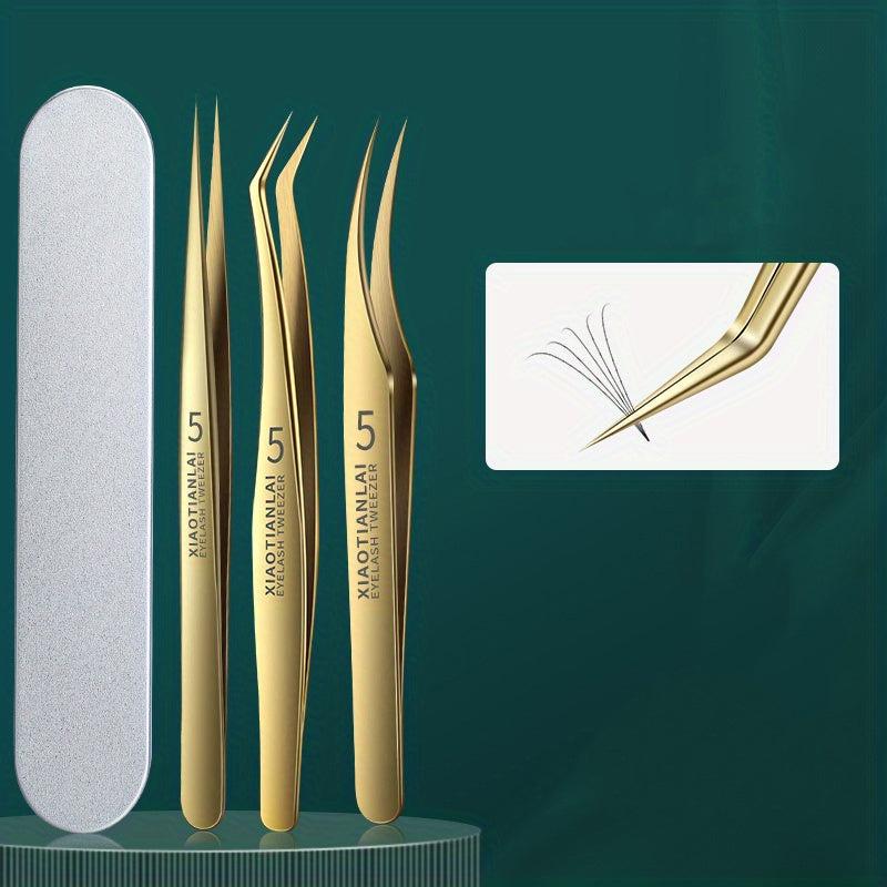 3 Pcs Eyelash Tweezers Set High Precision Golden Feather Clip