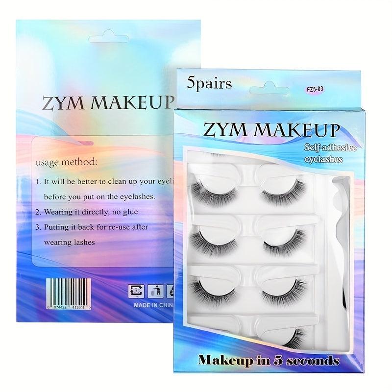 5 Pairs Self-Adhesive Faux Mink Eyelashes Set With Tweezers