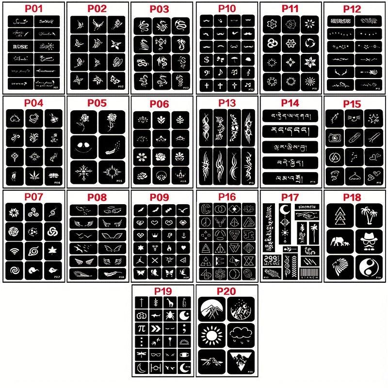 20 Sheets Tattoo Stencil Kit Reusable Airbrush Temporary Tattoos Stencils
