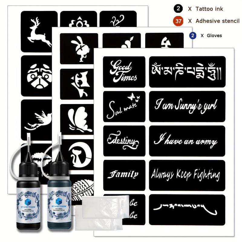 3 A4 Tattoo Stencils + Dye Paste - Animal Word Butterfly Pattern Semi-permanent