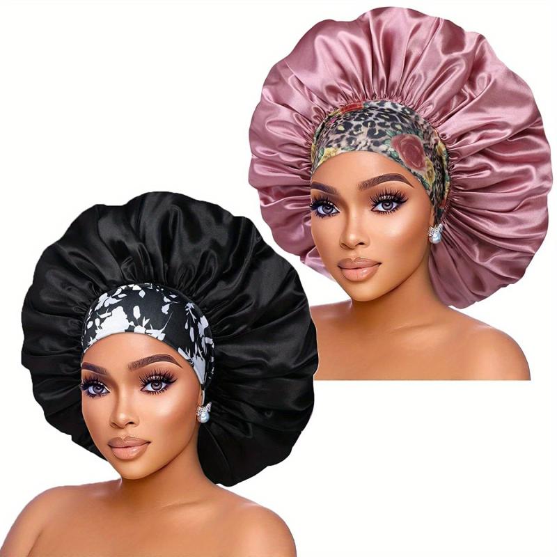 2PCS Satin Hair Bonnet For Women Elastic Wide Band Sleep Cap