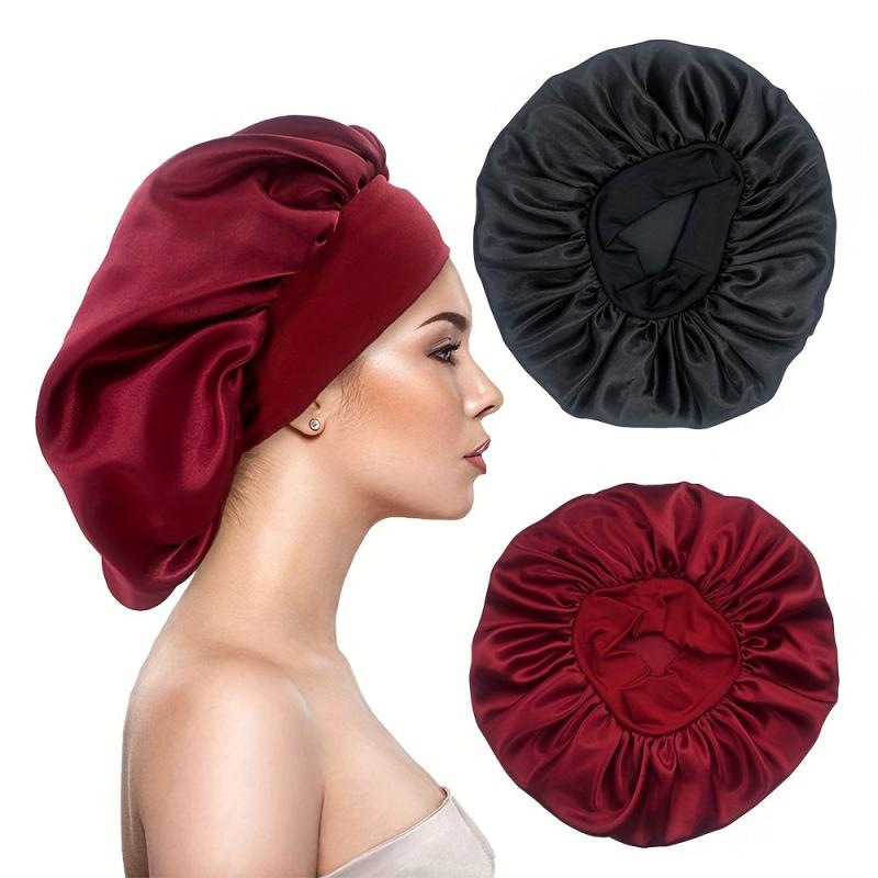 2pcs Large Satin Bonnet Women Soft Elastic Band Sleeping Caps Curly Hair