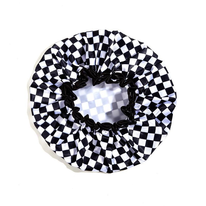Waterproof Double Layer Shower Cap Checkerboard Print Bathing Hair Cover