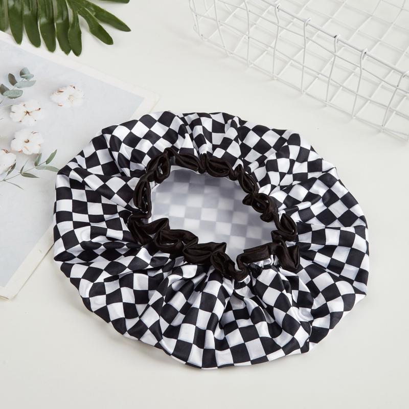 Waterproof Double Layer Shower Cap Checkerboard Print Bathing Hair Cover