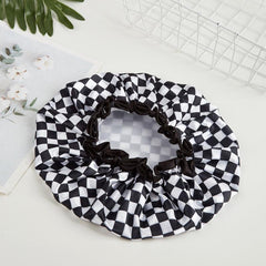 Waterproof Double Layer Shower Cap Checkerboard Print Bathing Hair Cover