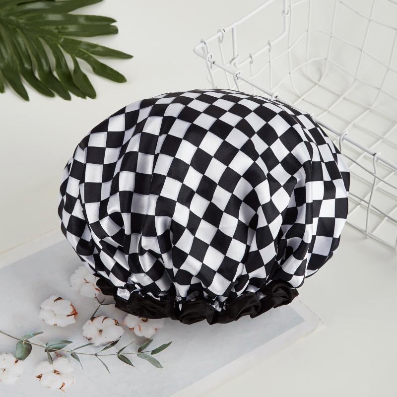Waterproof Double Layer Shower Cap Checkerboard Print Bathing Hair Cover