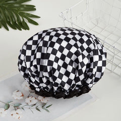 Waterproof Double Layer Shower Cap Checkerboard Print Bathing Hair Cover