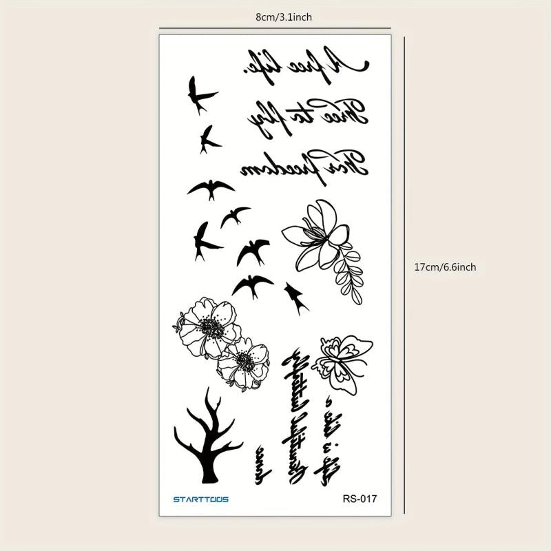 Flying Bird Floral Word Pattern Flower Temporary Tattoo Sticker