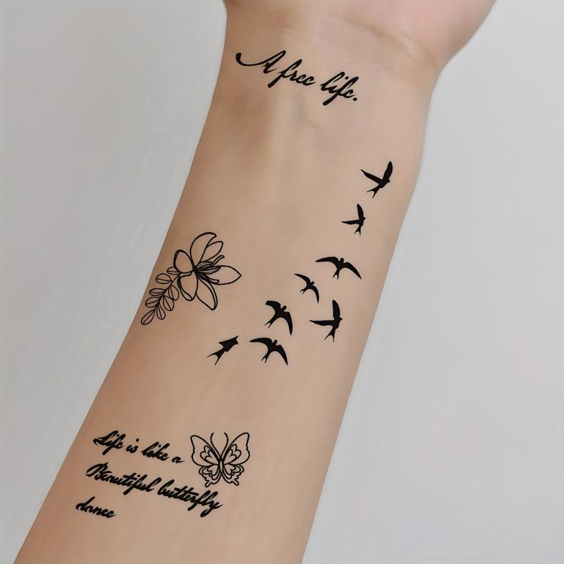 Flying Bird Floral Word Pattern Flower Temporary Tattoo Sticker
