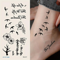 Flying Bird Floral Word Pattern Flower Temporary Tattoo Sticker