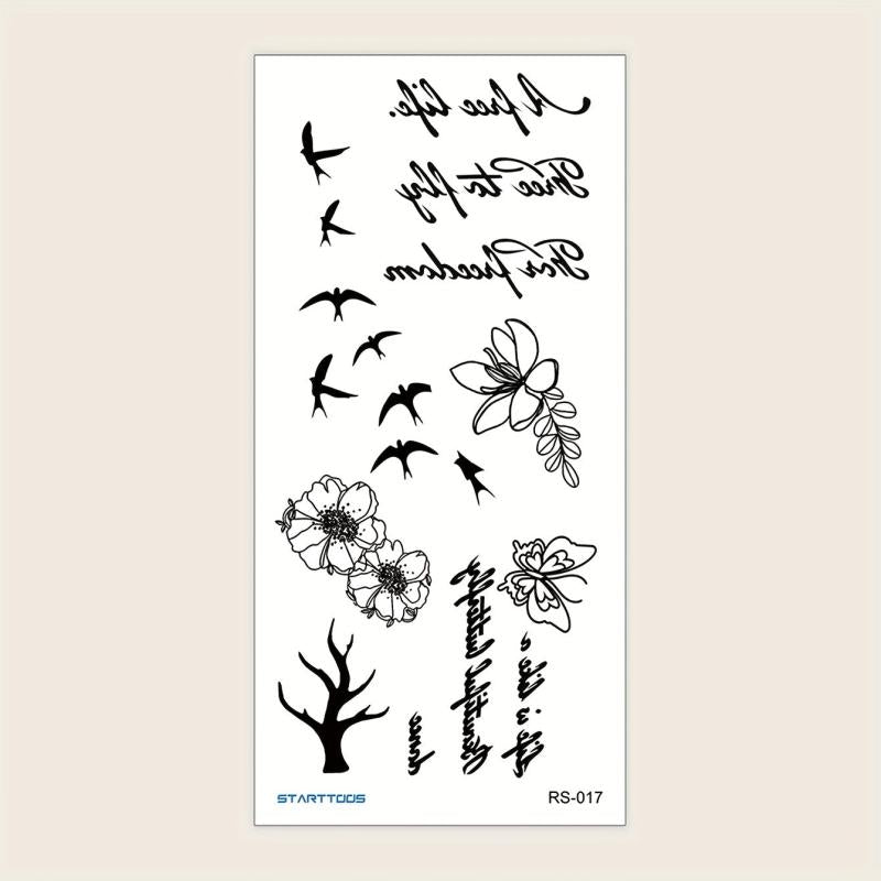 Flying Bird Floral Word Pattern Flower Temporary Tattoo Sticker