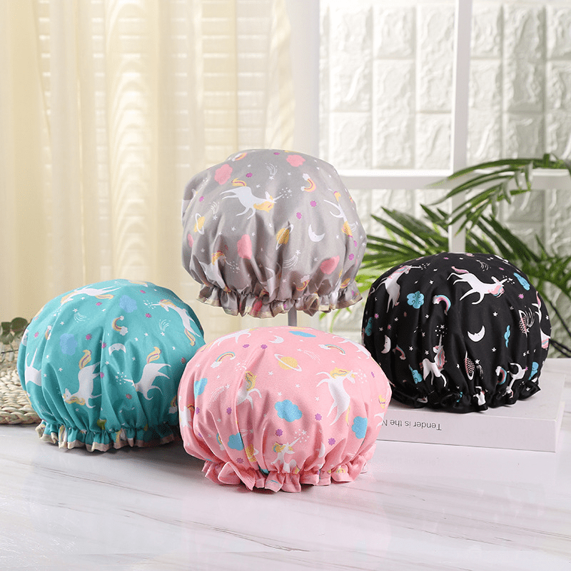 Cartoon Pattern Double Layer Shower Cap for Women Girls