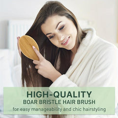 Boar Bristle Hair Brush & Pouch for Women Men Dry Wet Detangling Hair Oval