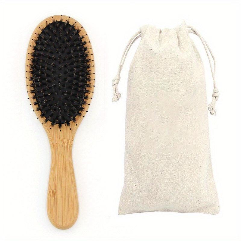Boar Bristle Hair Brush & Pouch for Women Men Dry Wet Detangling Hair Oval