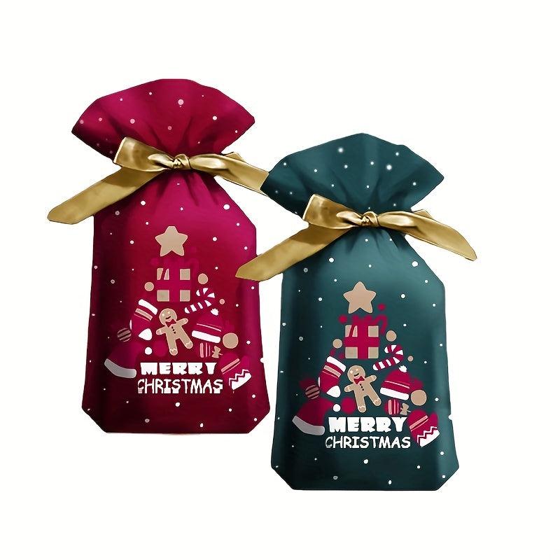 10pcs Christmas Gift Bags Ribbon Drawstring Gingerbread Man Printed Goodie Bags