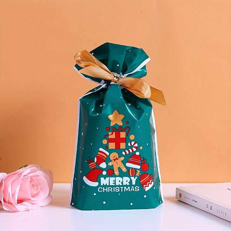 10pcs Christmas Gift Bags Ribbon Drawstring Gingerbread Man Printed Goodie Bags