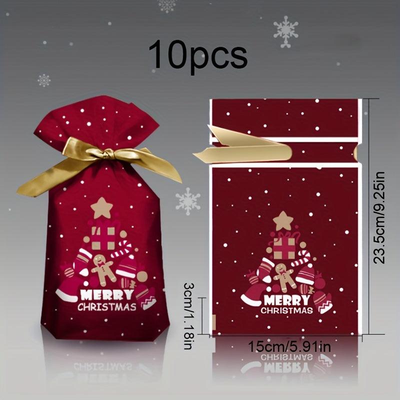 10pcs Christmas Gift Bags Ribbon Drawstring Gingerbread Man Printed Goodie Bags