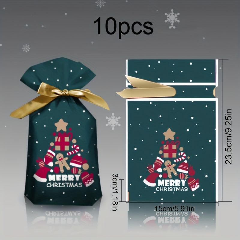 10pcs Christmas Gift Bags Ribbon Drawstring Gingerbread Man Printed Goodie Bags