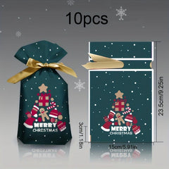 10pcs Christmas Gift Bags Ribbon Drawstring Gingerbread Man Printed Goodie Bags