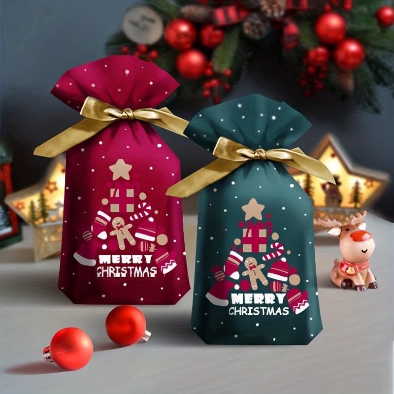 10pcs Christmas Gift Bags Ribbon Drawstring Gingerbread Man Printed Goodie Bags