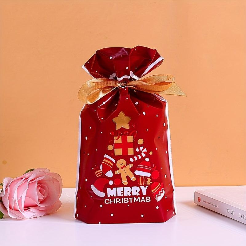 10pcs Christmas Gift Bags Ribbon Drawstring Gingerbread Man Printed Goodie Bags