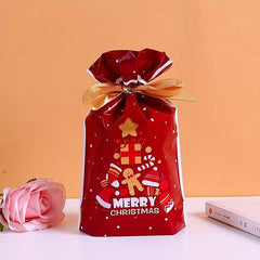10pcs Christmas Gift Bags Ribbon Drawstring Gingerbread Man Printed Goodie Bags