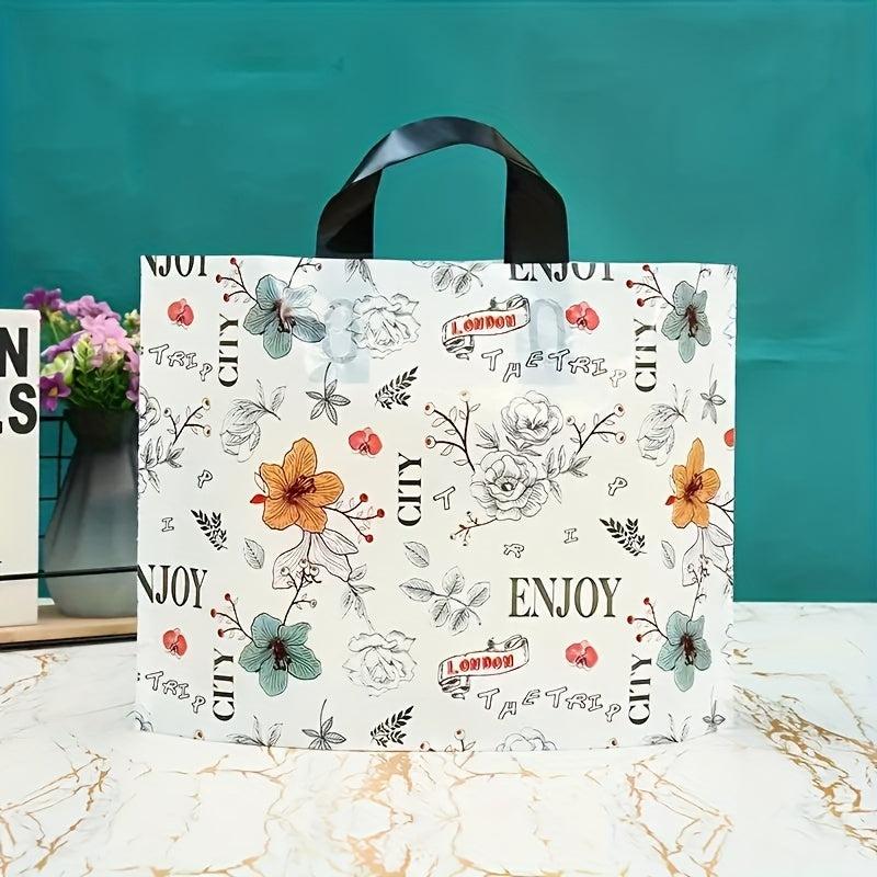 5pcs Flower Printed Plastic Tote Bags - British Style Party Favor Bags