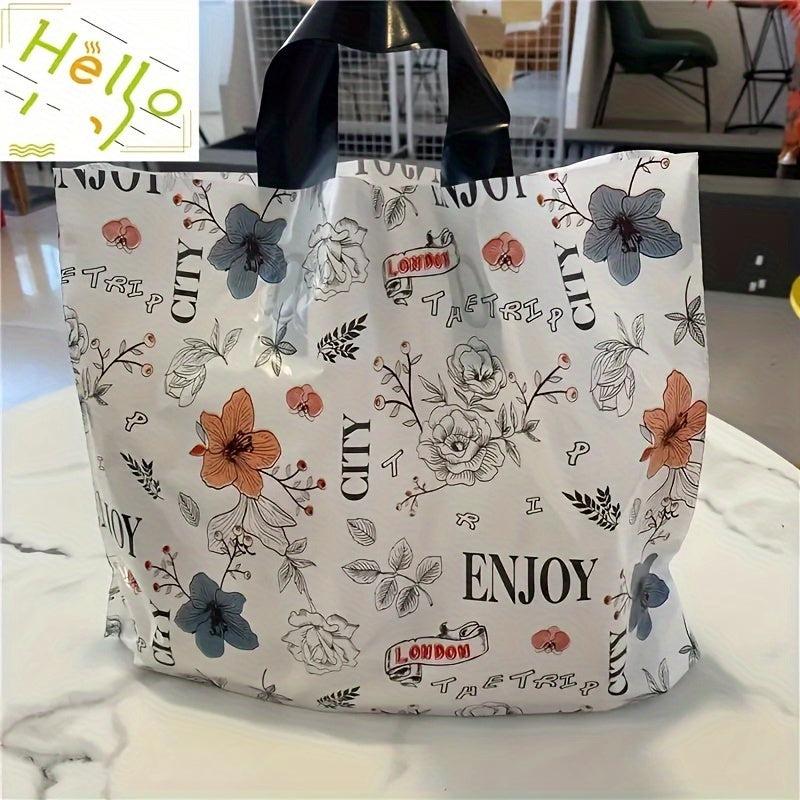 5pcs Flower Printed Plastic Tote Bags - British Style Party Favor Bags