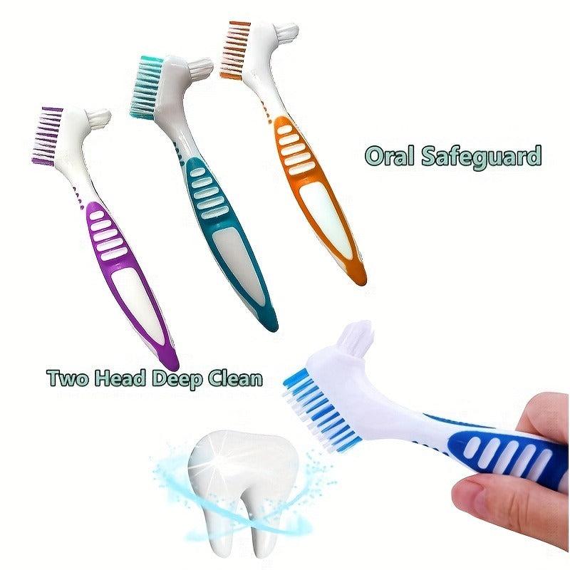2PCS Denture Toothbrushes Double Sided Layered Bristles Rubber Handle