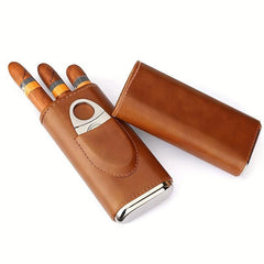 High 3 Finger Humidor Cigar Box Brown Leather Case w/ Cutter