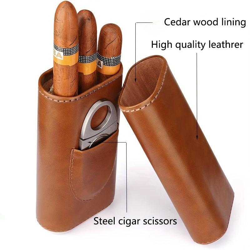 High 3 Finger Humidor Cigar Box Brown Leather Case w/ Cutter