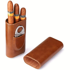 High 3 Finger Humidor Cigar Box Brown Leather Case w/ Cutter