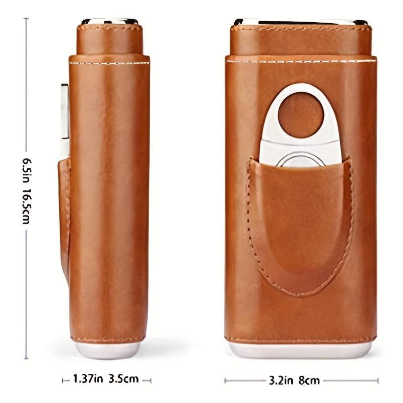 High 3 Finger Humidor Cigar Box Brown Leather Case w/ Cutter