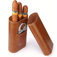 High 3 Finger Humidor Cigar Box Brown Leather Case w/ Cutter