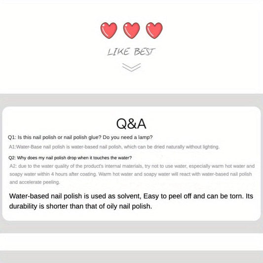 2 Pack Water Based Nail Polish Quick Dry Long Lasting Peel Off 10ml