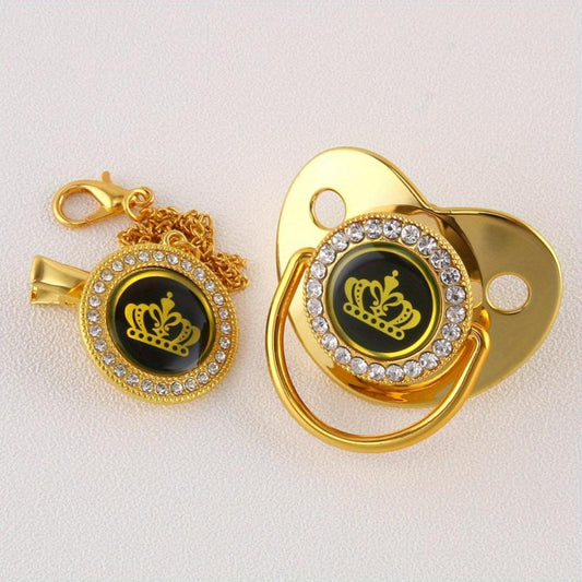 Golden Artificial Diamond Pacifier with Crown Cartoon Design
