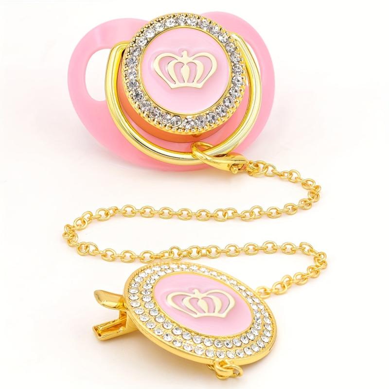 Pink Crown Baby Pacifier Clip Set