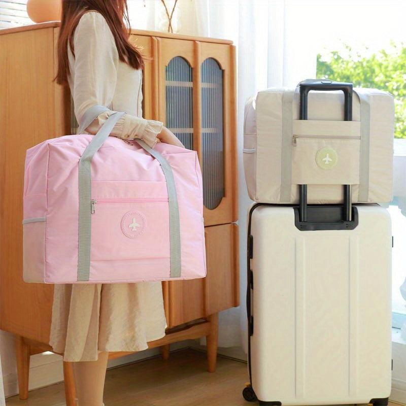 Large Pink Travel Duffel Bag with Round Label, Portable Polyester Sports Materni