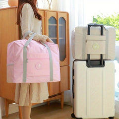 Large Pink Travel Duffel Bag with Round Label, Portable Polyester Sports Materni