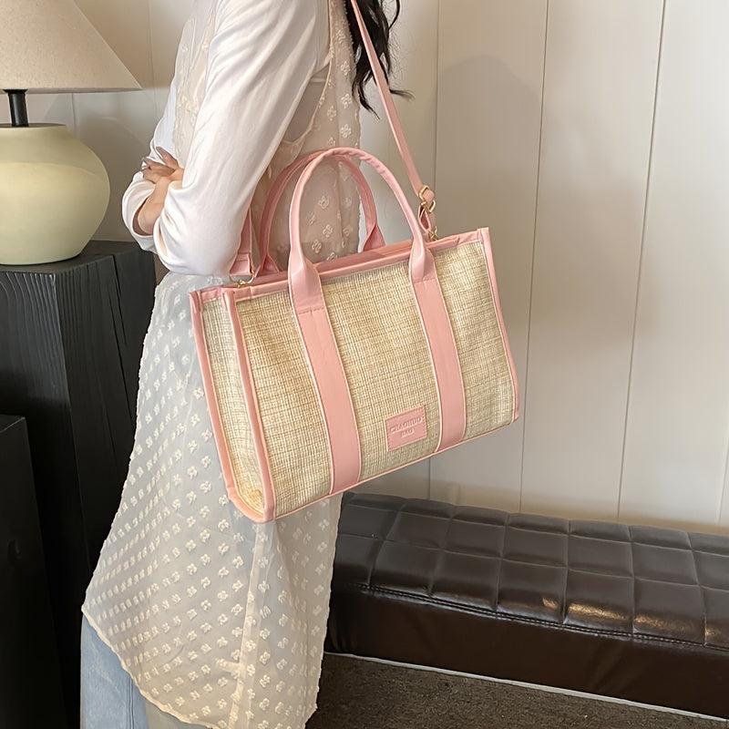Stylish Summer Woven Tote Bag & Beige Linen Crossbody Handbag for Women